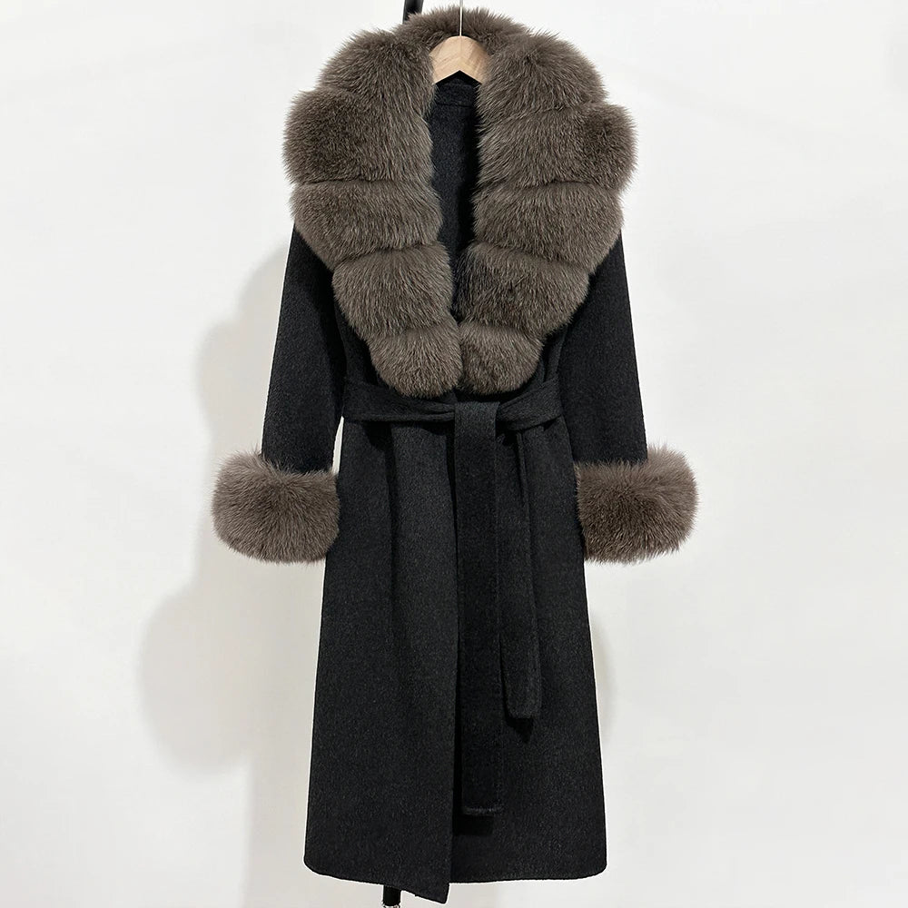 2025 New Autumn Wool Blend Coat Women Elegant Warm Real Fox Fur Collar Winter Wool Coat Female Double-sided Cashmere Jacket