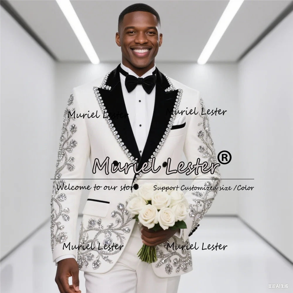 Sparkly Crystals Beaded Suits Men For Wedding Black Peaked Lapel Prom Blazers Outfit 2 Pieces Groom Tuxedos Customized Clothing