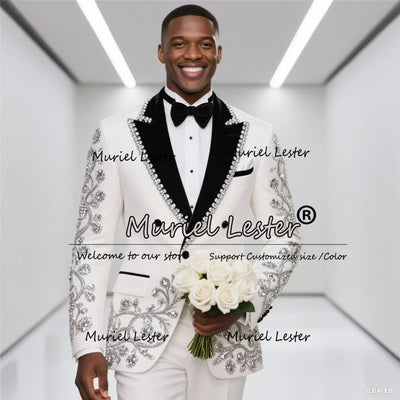 Sparkly Crystals Beaded Suits Men For Wedding Black Peaked Lapel Prom Blazers Outfit 2 Pieces Groom Tuxedos Customized Clothing
