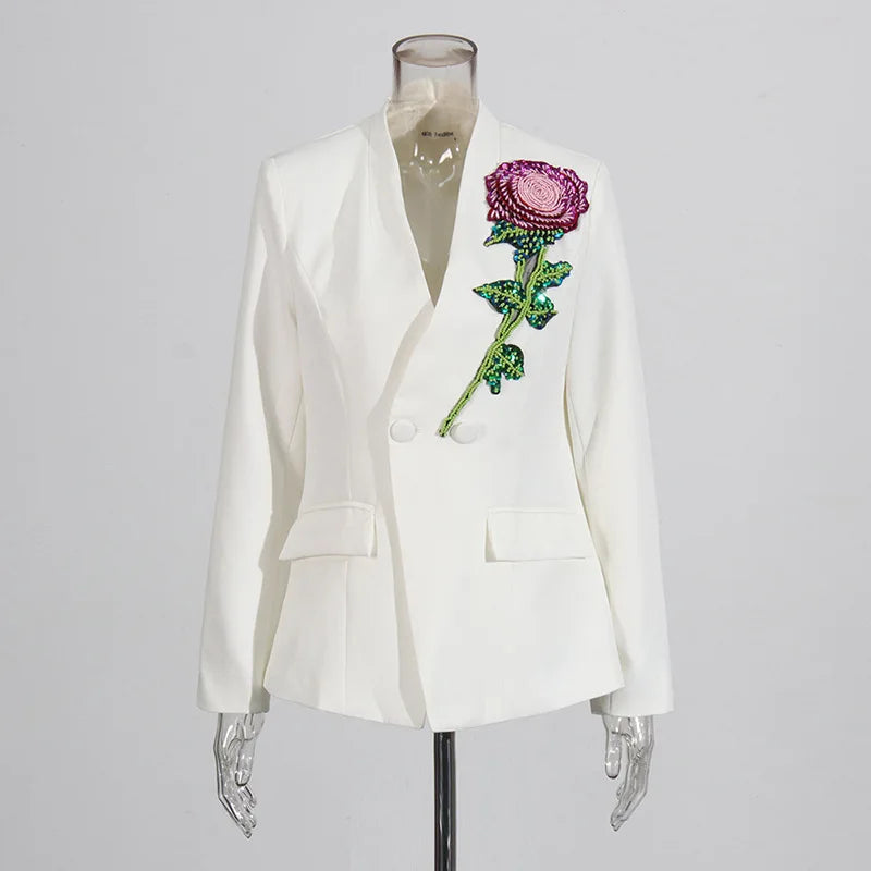 ZMEENNA Women Black Blazer Sequin Rose Embellishment Pink Green Sparkle Floral Design Party Jacket Trendy Fashion 2025 ZM603