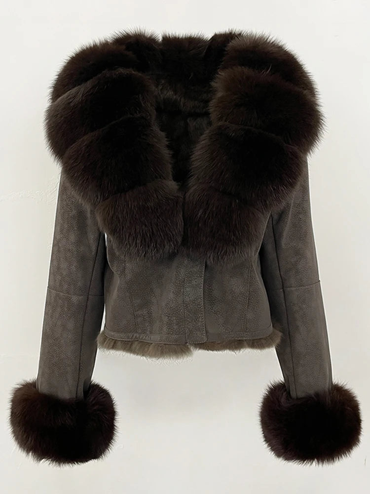 OFTBUY Fashion Short New Autumn Winter Fur Clothing Real Rabbit Fur Liner Suede Jacket Women Natural Fox Fur Collar Coat Female