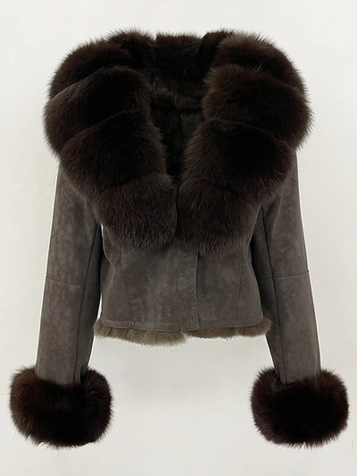 OFTBUY Fashion Short New Autumn Winter Fur Clothing Real Rabbit Fur Liner Suede Jacket Women Natural Fox Fur Collar Coat Female