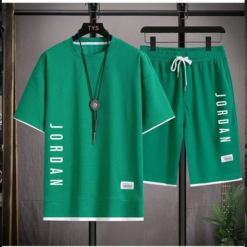 The new 2025 summer casual men's sports suit fashion outdoor hiking breathable short-sleeved T-shirt + shorts two-piece set