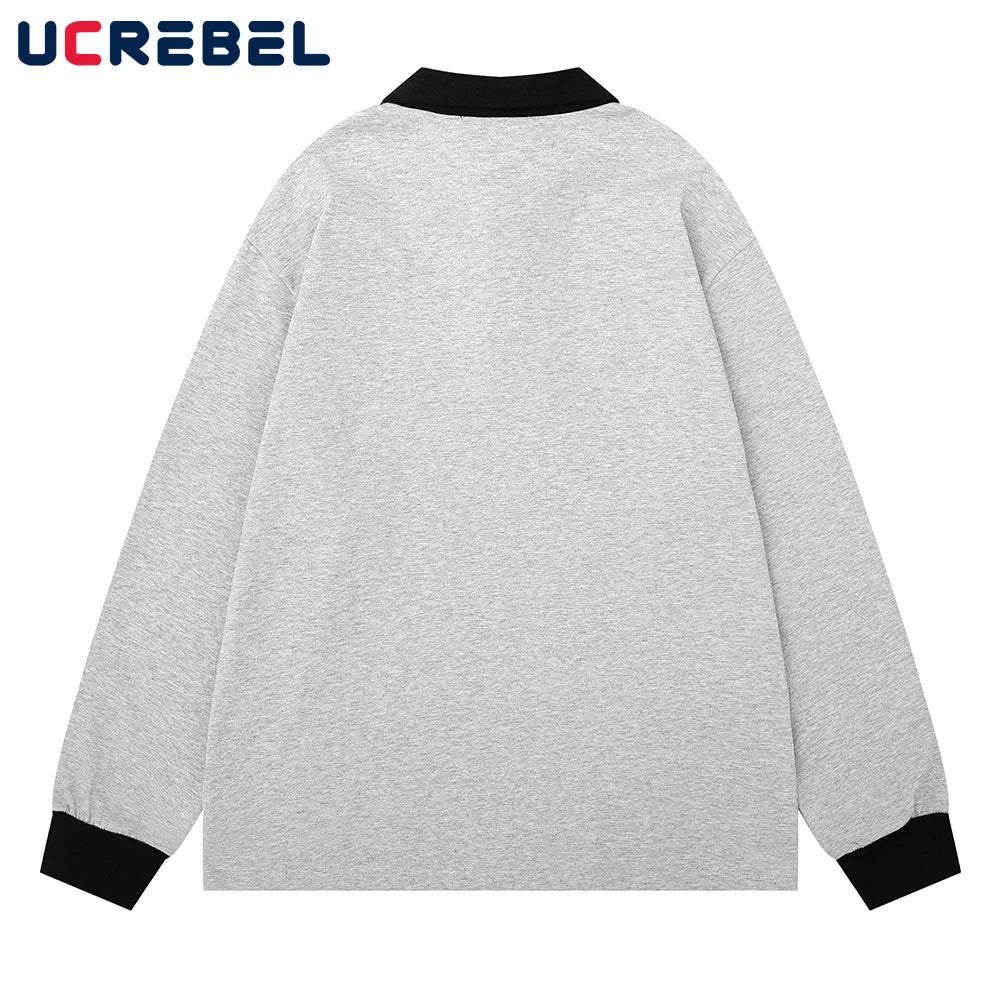 Letter Embroidery Spliced Polo Shirts Mens Autumn Streetwear Loose Long Sleeve Tee Man Tops