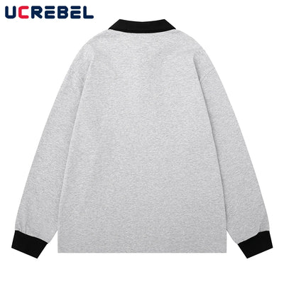 Letter Embroidery Spliced Polo Shirts Mens Autumn Streetwear Loose Long Sleeve Tee Man Tops