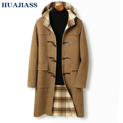 Tcyeek 70% Wool 30% Polyester Autumn Winter Double Sided Wool Hooded Coffee Colored Medium Long Men's Wool Coat Abrigo Hombre