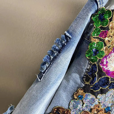 Spring Autumn New Women's Embroidery Red Rose Short Denim Jacket Coat Hole Long Sleeve Skinny Blue Jeans Coats