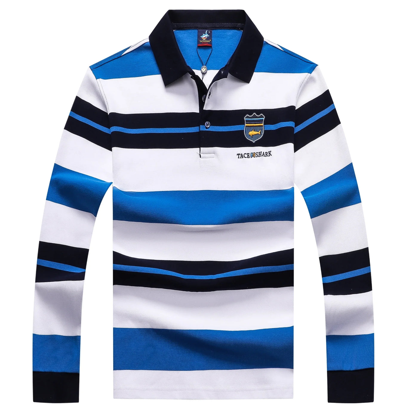 TACE&SHARK Fashion Brand Shark Long Sleeve Polo 2024 Men Stripe Camisa Masculina Casual Business Blue Polo Clothing