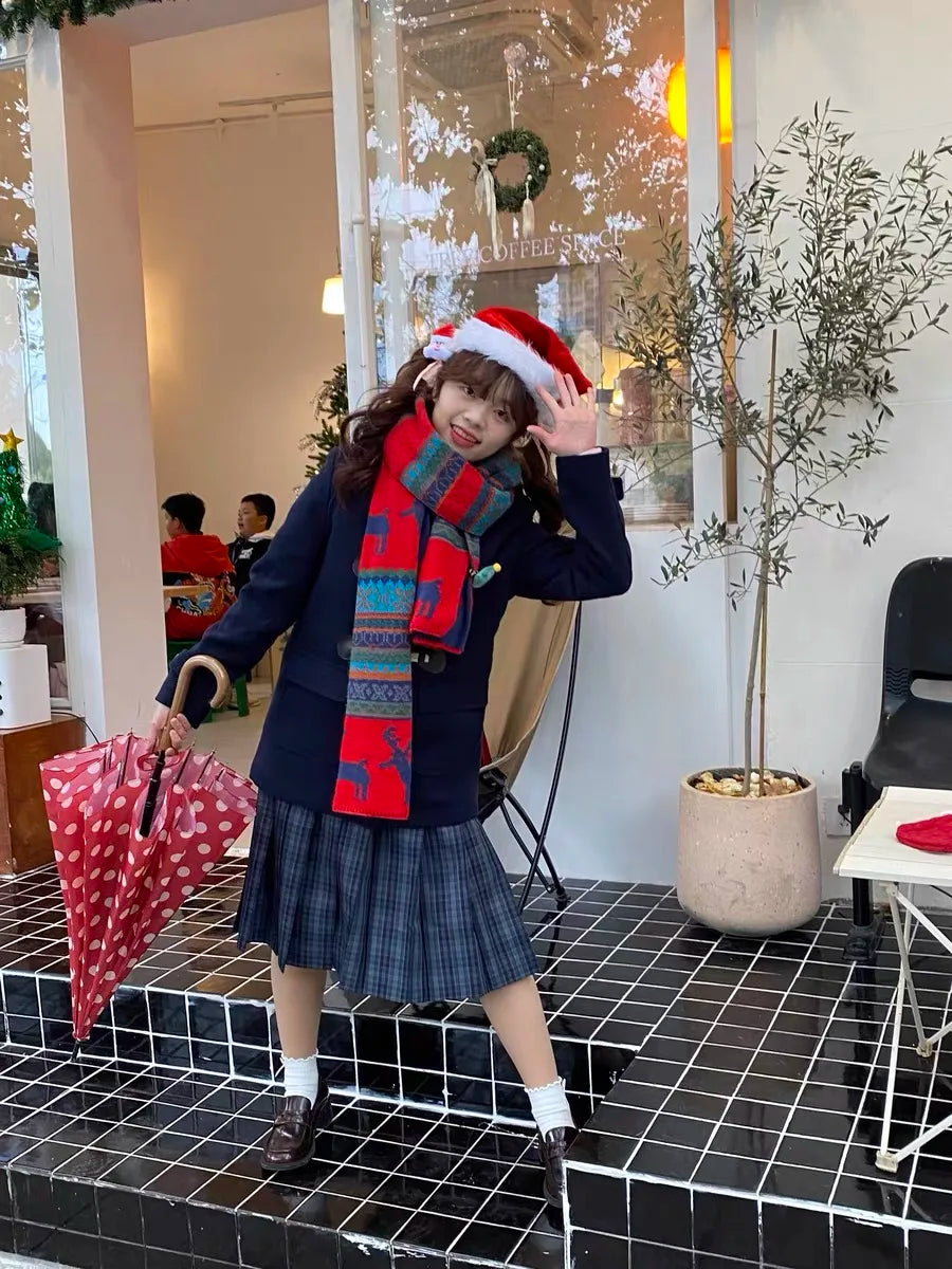 Japanese Preppy style Kahaki/Navy JK Uniform Hooded Coat Autumn/Winter Girl Medium Length Horn Button Fleece Coat Korean Women