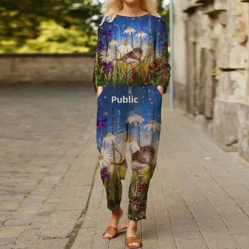 Spring Summer New Vintage Print Long Sleeve round Neck T-Shirt Set Wide Leg Pants Ethnic Style Fashionable Women's Outfit