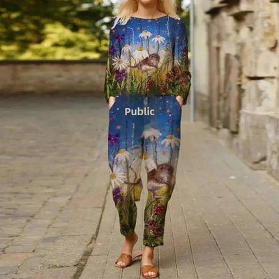 Spring Summer New Vintage Print Long Sleeve round Neck T-Shirt Set Wide Leg Pants Ethnic Style Fashionable Women's Outfit