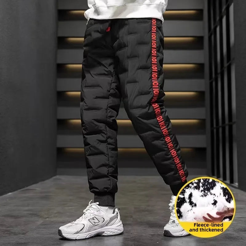 Men's Outdoor Casual down Trousers Windproof Waterproof Winter Warm Cotton Pants Dstring Waist Long Polyester Fiber