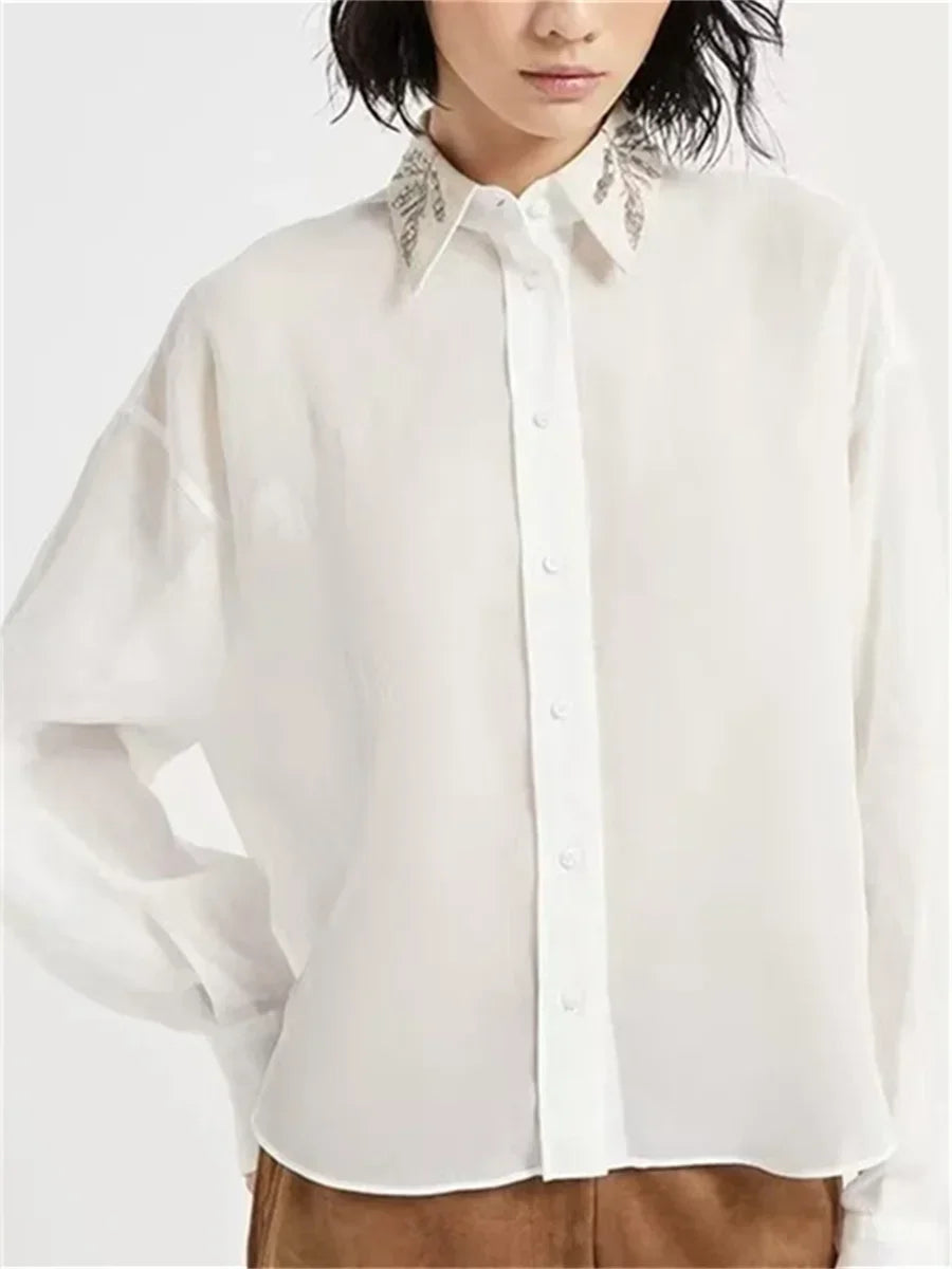 Women White Linen Blends Shirt Sequin Embroidery Turn-Down Collar Long-Sleeved Lady Loose Blouse