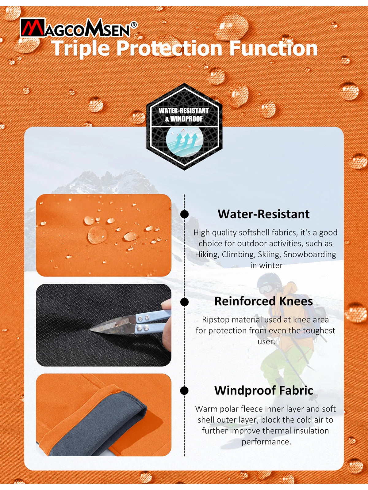 MAGCOMSEN Softshell Ski Pants Mens Winter Warm Fleece Lined Snow Trousers Waterproof Windproof Hiking Outdoor Thermal Pants