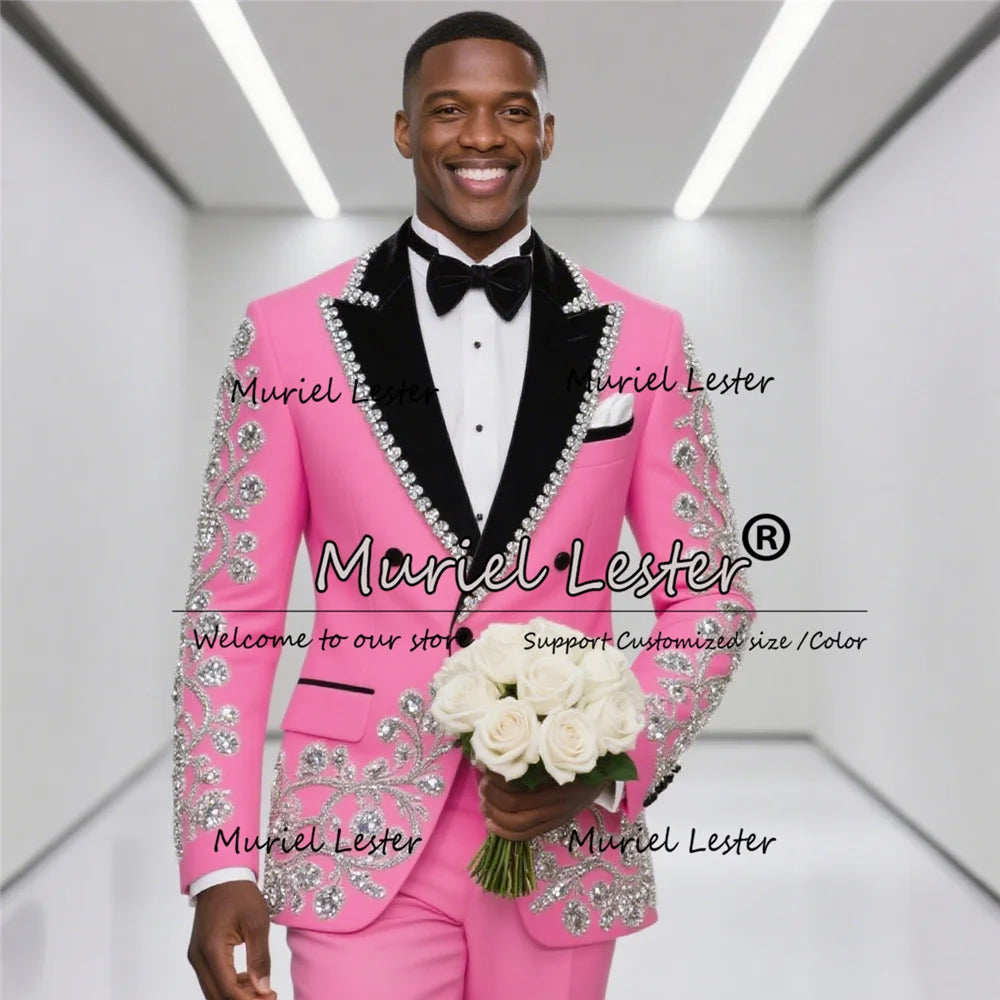 Sparkly Crystals Beaded Suits Men For Wedding Black Peaked Lapel Prom Blazers Outfit 2 Pieces Groom Tuxedos Customized Clothing