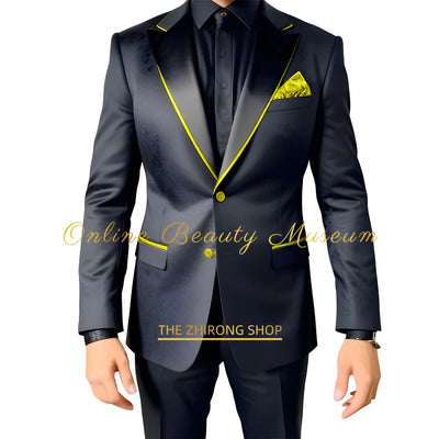 Men Suits 2 Piece Black Luxury Texture With Satin Gold Accent Jacket Pants Set Wedding Party Attire Bespoke Tuxedo For Men