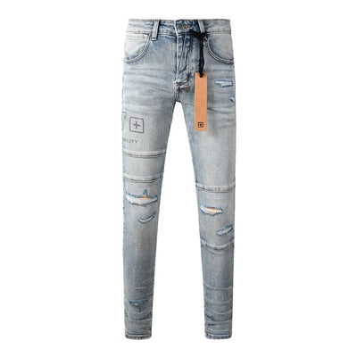 25fw High Street Men's Jeans Paint Hole Trend Low Rise Skinny Denim Pants Pleated Ripped Solid Trousers