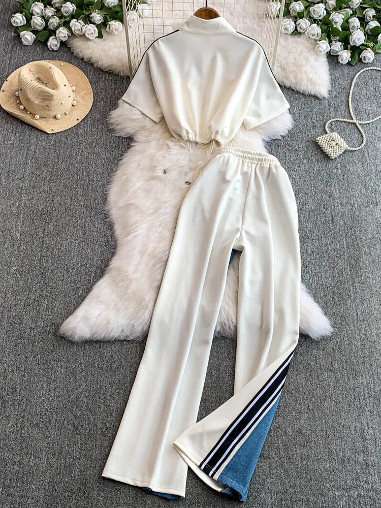 Hong Kong Sle Retro Set Women's Stand Collar ort Sve T-irt Denim Patchwork Loose Elastic Waist Straight Leg Pants