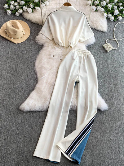 Hong Kong Sle Retro Set Women's Stand Collar ort Sve T-irt Denim Patchwork Loose Elastic Waist Straight Leg Pants