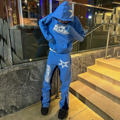 Y2K Autumn/Winter Hoodie Suit Flared Trousers Oversized Men's clothing  Fashion Trend High Street Pants Casual Sets 2024
