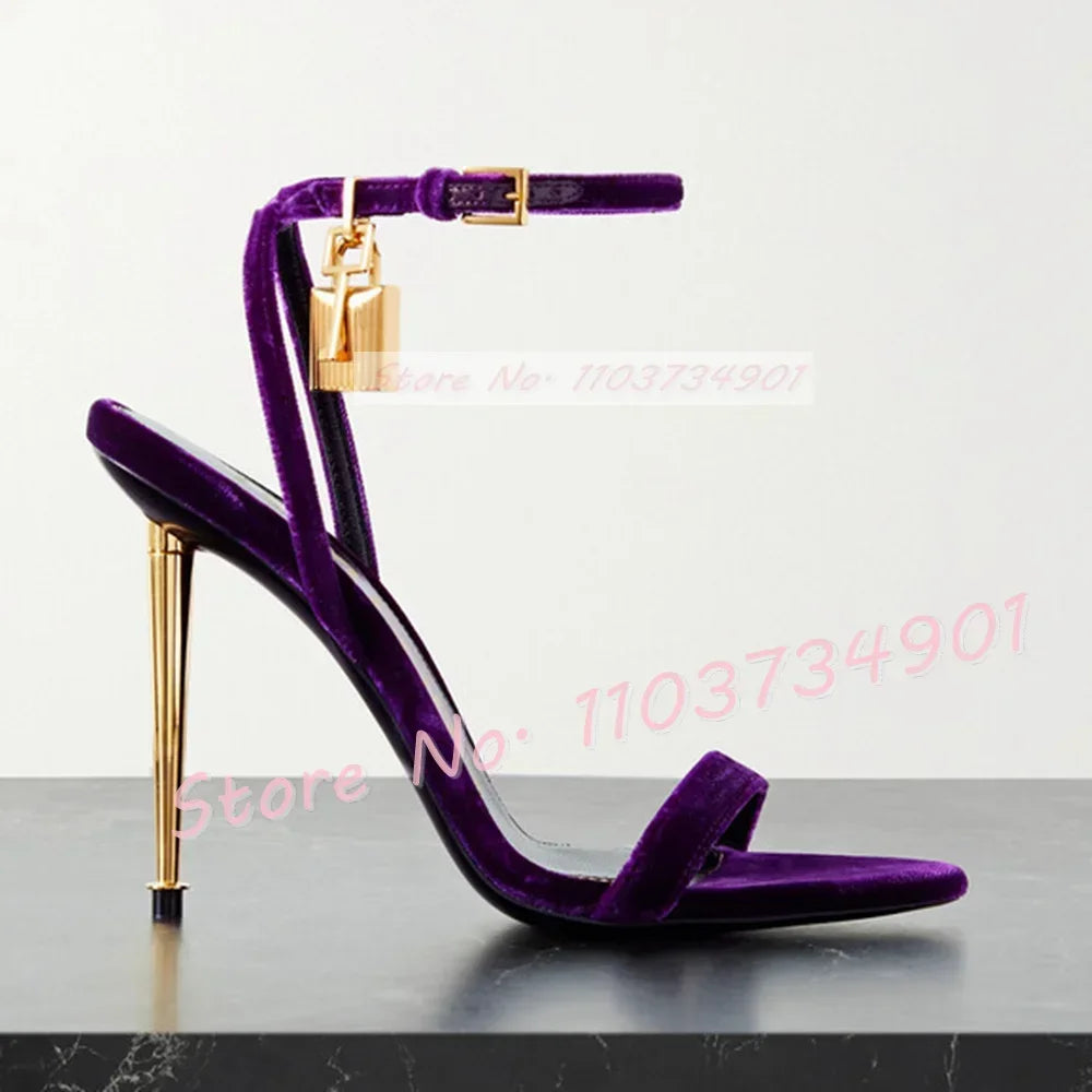 Metal Heel Lock Metallic Leather Sandals Female Luxury Open Toe Stiletto High Heels Shoes Lady Elegant Party Ankle Strap Sandals