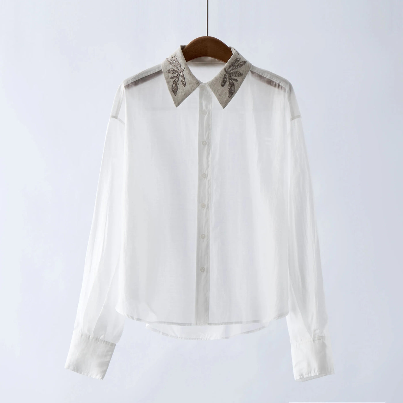 Women White Linen Blends Shirt Sequin Embroidery Turn-Down Collar Long-Sleeved Lady Loose Blouse