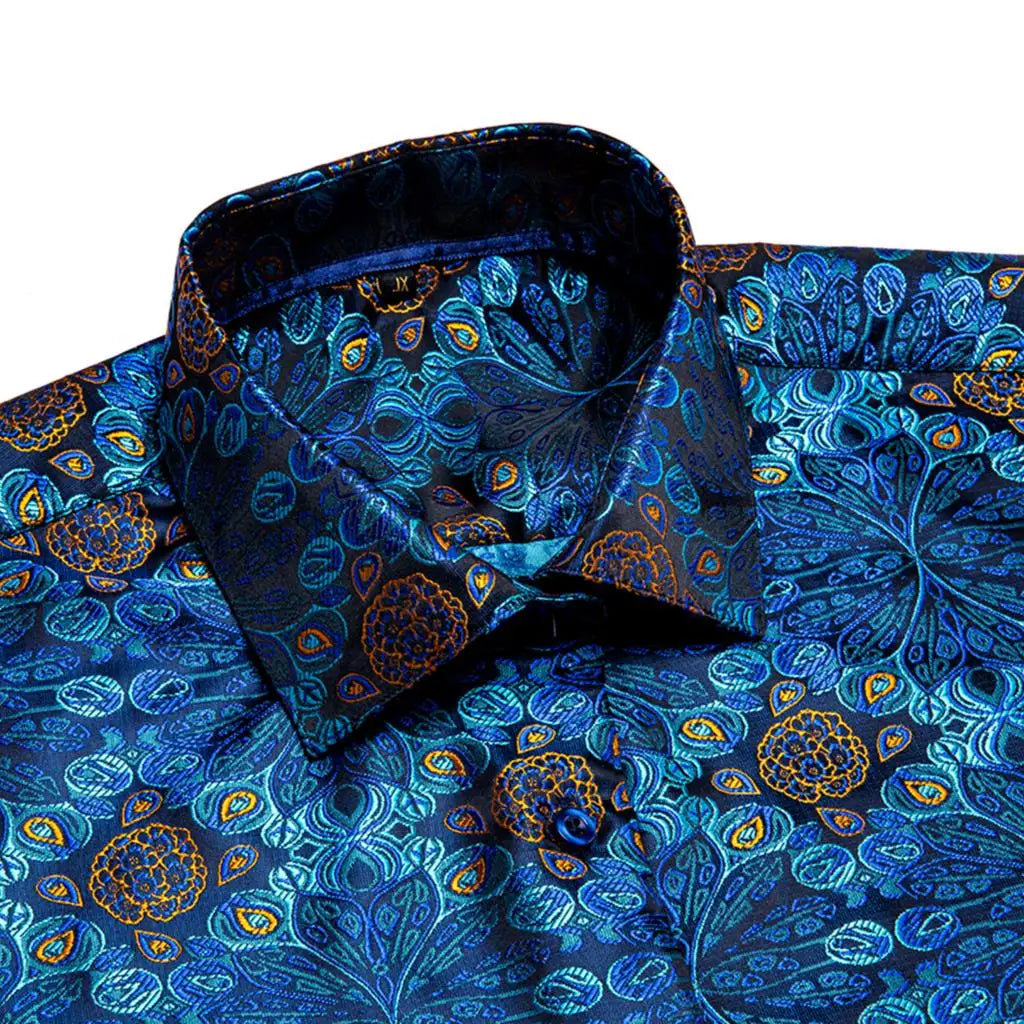 Jacquard Silk Mens Shirts Pink Blue Red Green Gold Long Sleeve Single Breasted Lapel Shirt Blouse Outerwear Wedding Business