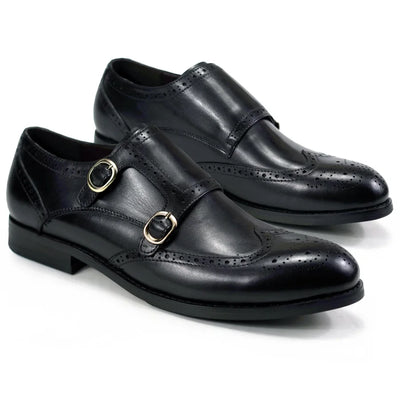 Classic Men Genuine Leather Dress Shoes Brogue Double Buckle Monk Strap Metal Buckle Business Office Wedding Formal Shoes
