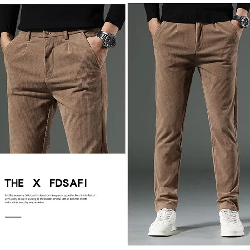 High Quality Brand Men's Corduroy Thicken Pants Fashion Khaki Narrow Leg Casual Pants Thermal Plush Trousers  Autumn Winter Male