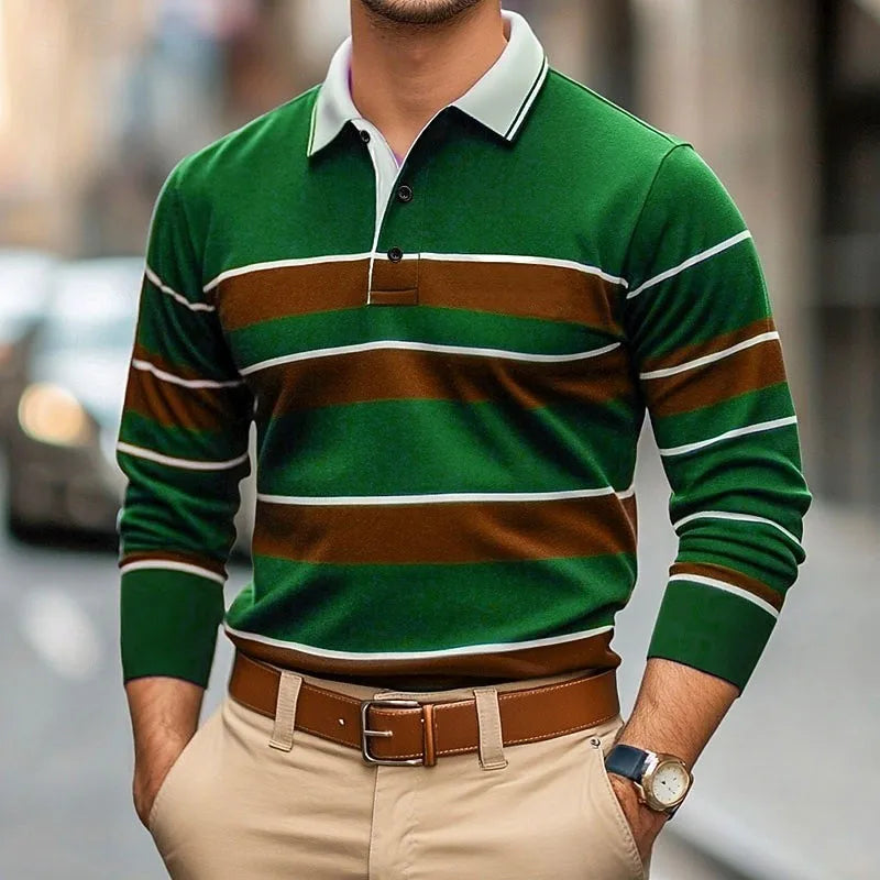 Men's Striped Rugby Long Sleeve Polo Collar Business Casual Outdoor Street Dailywear 3D Print Spring Fall Shirts Men's Clothing