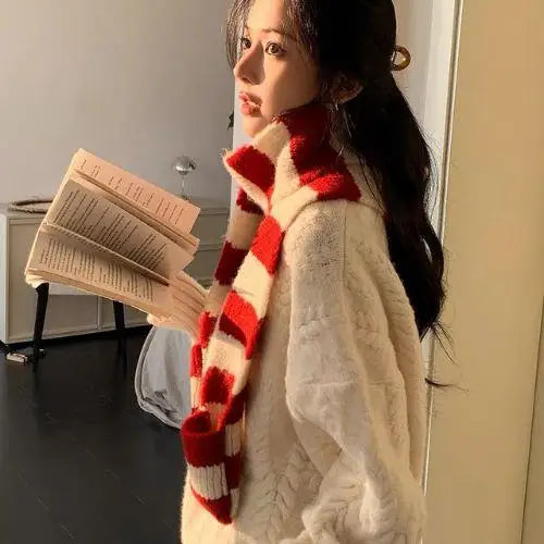 Girl's Striped Long Scarves Y2K Striped Scarf Harajuku Gothic Neck Warm Winter Warm Scarf Thickened Black White Shawl Wrap Women