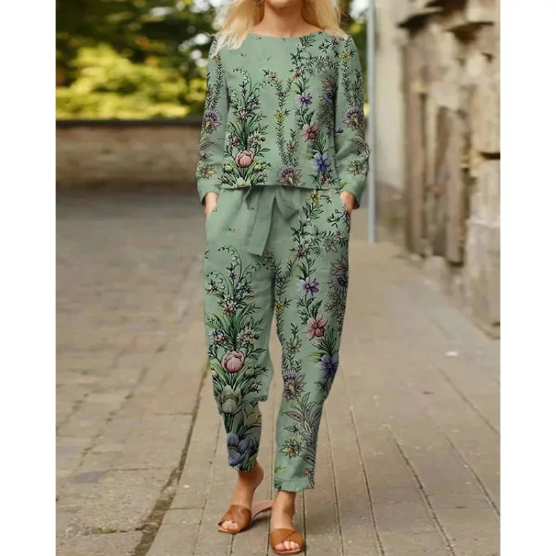 Spring Summer New Vintage Print Long Sleeve round Neck T-Shirt Set Wide Leg Pants Ethnic Style Fashionable Women's Outfit