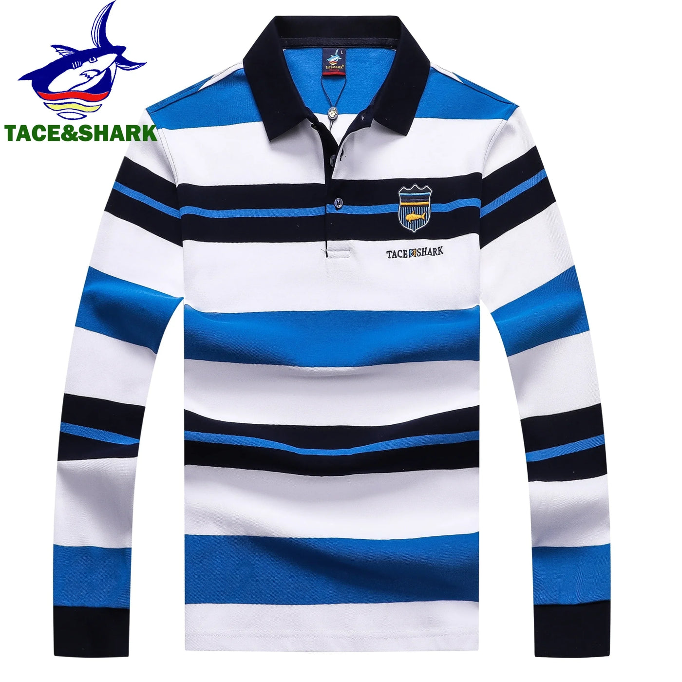 TACE&SHARK Fashion Brand Shark Long Sleeve Polo 2024 Men Stripe Camisa Masculina Casual Business Blue Polo Clothing