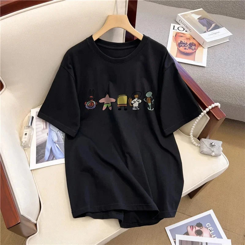 Cotton Cartoon Print Short Sleeve T-Shirt Women's Loose Fit Casual Versatile Top Summer 2024 New Arrival Crew Neck Design