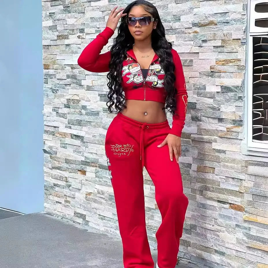 Street Skeleton Love Printed Basic Zipper Short Cardigan High Waist Straight Pants Two Piece Set for Women