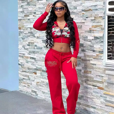 Street Skeleton Love Printed Basic Zipper Short Cardigan High Waist Straight Pants Two Piece Set for Women