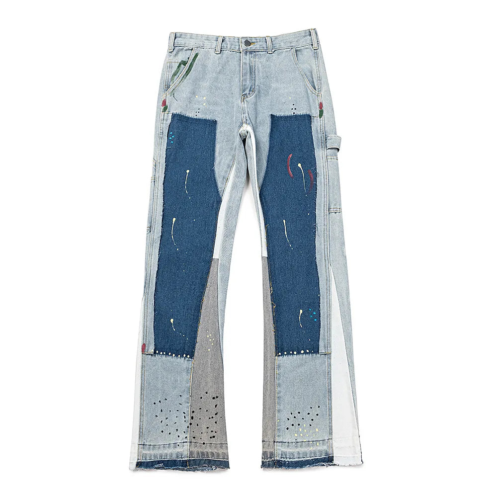 Y2k Jeans Men Painting Patch Baggy Stacked Jeans Fashion Work Wear Popular Stretch Patch Denim Stacked Flare Jeans Pants