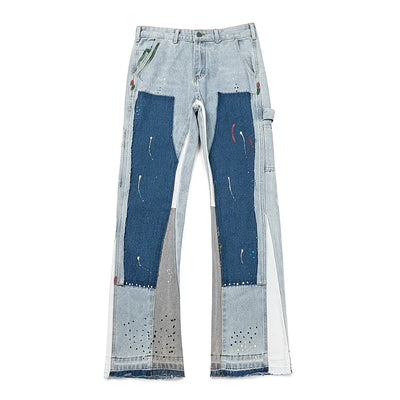 Y2k Jeans Men Painting Patch Baggy Stacked Jeans Fashion Work Wear Popular Stretch Patch Denim Stacked Flare Jeans Pants