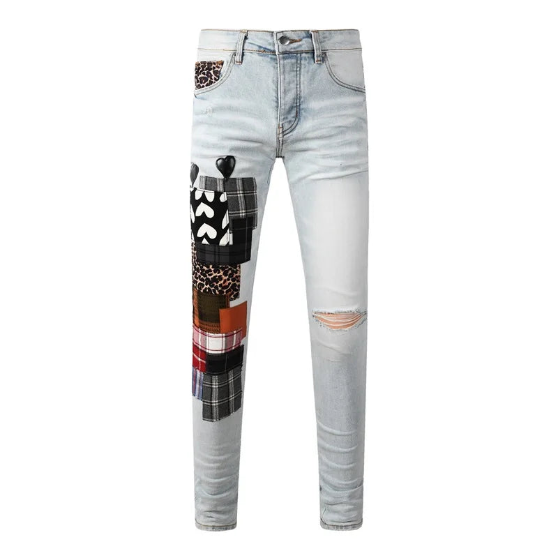 Americans Streetwear Distressed Vintage Men's Jeans Low Rise Stretch Skinny Button Fly Ripped Hold Pants