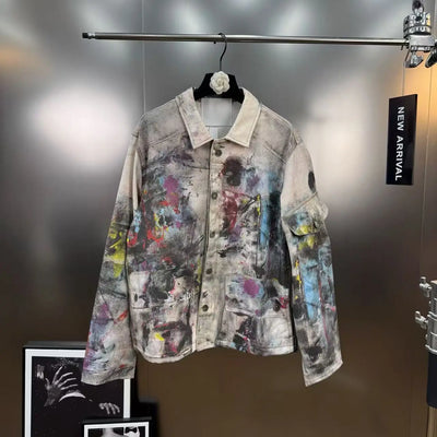 2025 Autumn Retro Style Painted Graffiti Print Loose Jacket Cargo Pants Two-Piece Set Women American Street Fashion Denim Suit