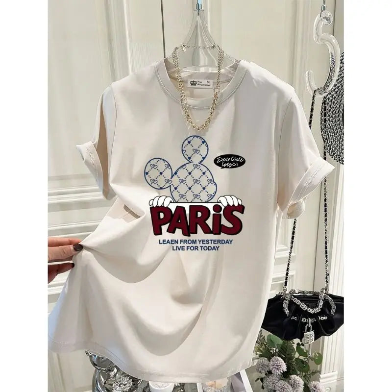 2025 Summer New Pure Cotton Short-sleeved T-shirt Women Loose Round Neck Cartoon Letter Mid-length Top
