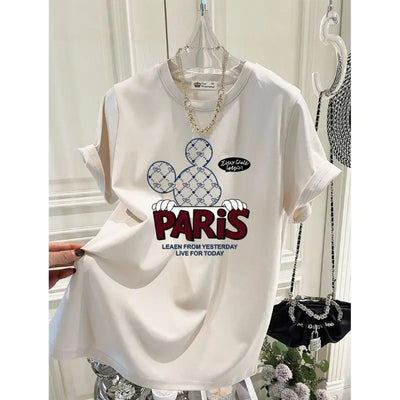 2025 Summer New Pure Cotton Short-sleeved T-shirt Women Loose Round Neck Cartoon Letter Mid-length Top