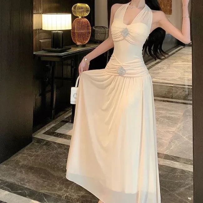 French Style Neck Hanging Waist Cinching Slimming Vacation Dress New Long Ankle-Length Princess Sleeve V-Neck Dress