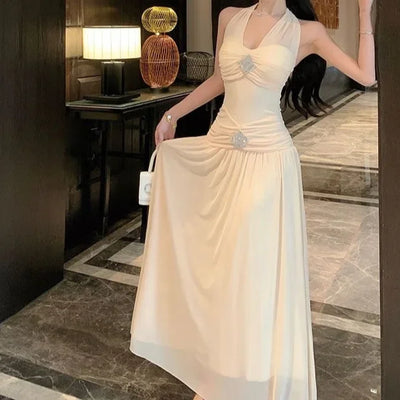 French Style Neck Hanging Waist Cinching Slimming Vacation Dress New Long Ankle-Length Princess Sleeve V-Neck Dress