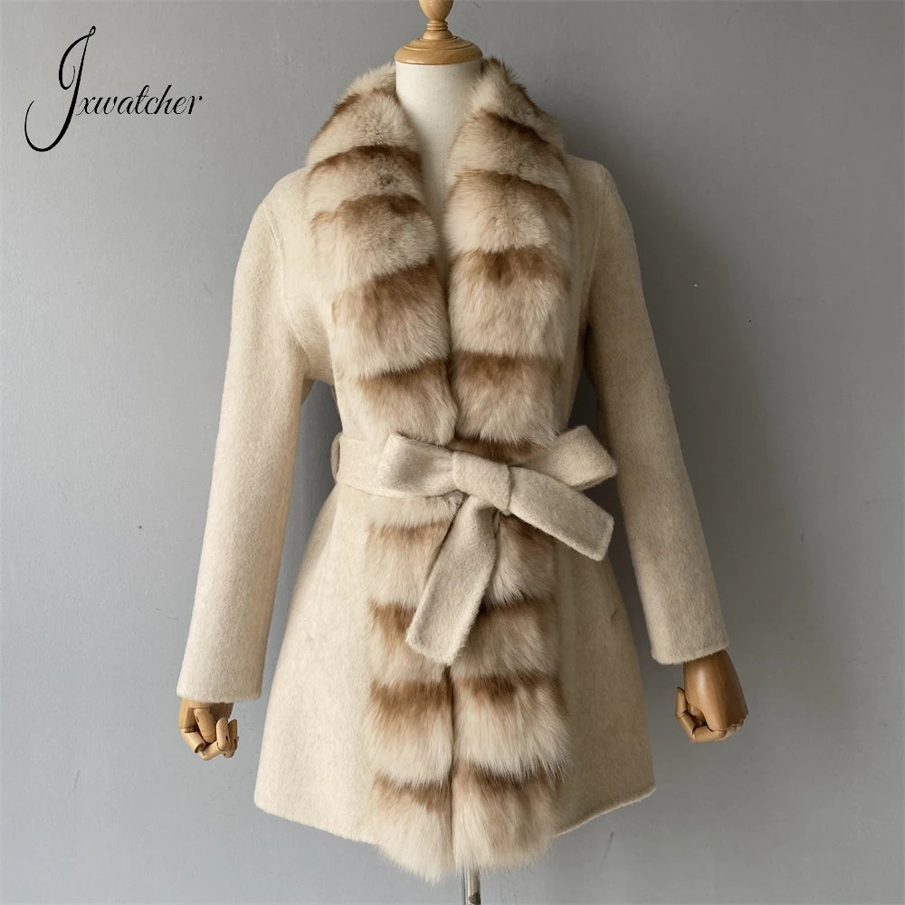 Jxwatcher Women Winter Coat with Real Fur Winter New Style Cashmere Wool Coats Ladies Fashion Luxury Warm Outerwears Female Fall