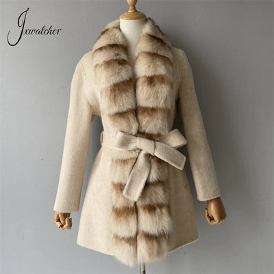 Jxwatcher Women Winter Coat with Real Fur Winter New Style Cashmere Wool Coats Ladies Fashion Luxury Warm Outerwears Female Fall