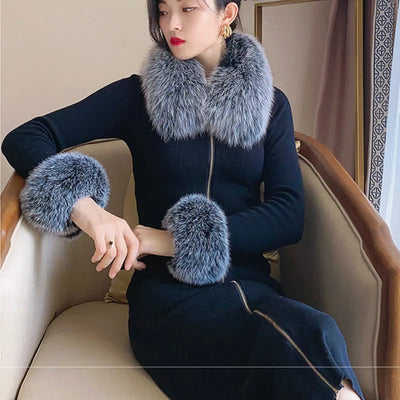 Real Fur Collar and Cuff Set Decor Women Winter Fox Fur Scarf Neck Warm Furry Natural Fur Cuffs Thick Fur Shawl Sleeves Scarves