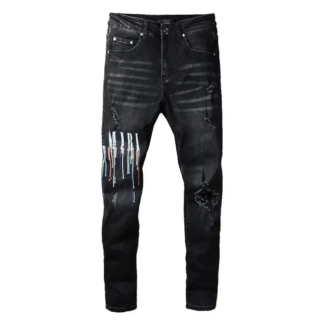 European and American fashion street spray painted colorful letters denim cotton casual pants youth tight jeans