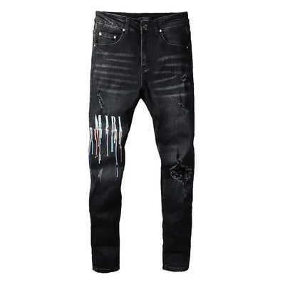 European and American fashion street spray painted colorful letters denim cotton casual pants youth tight jeans