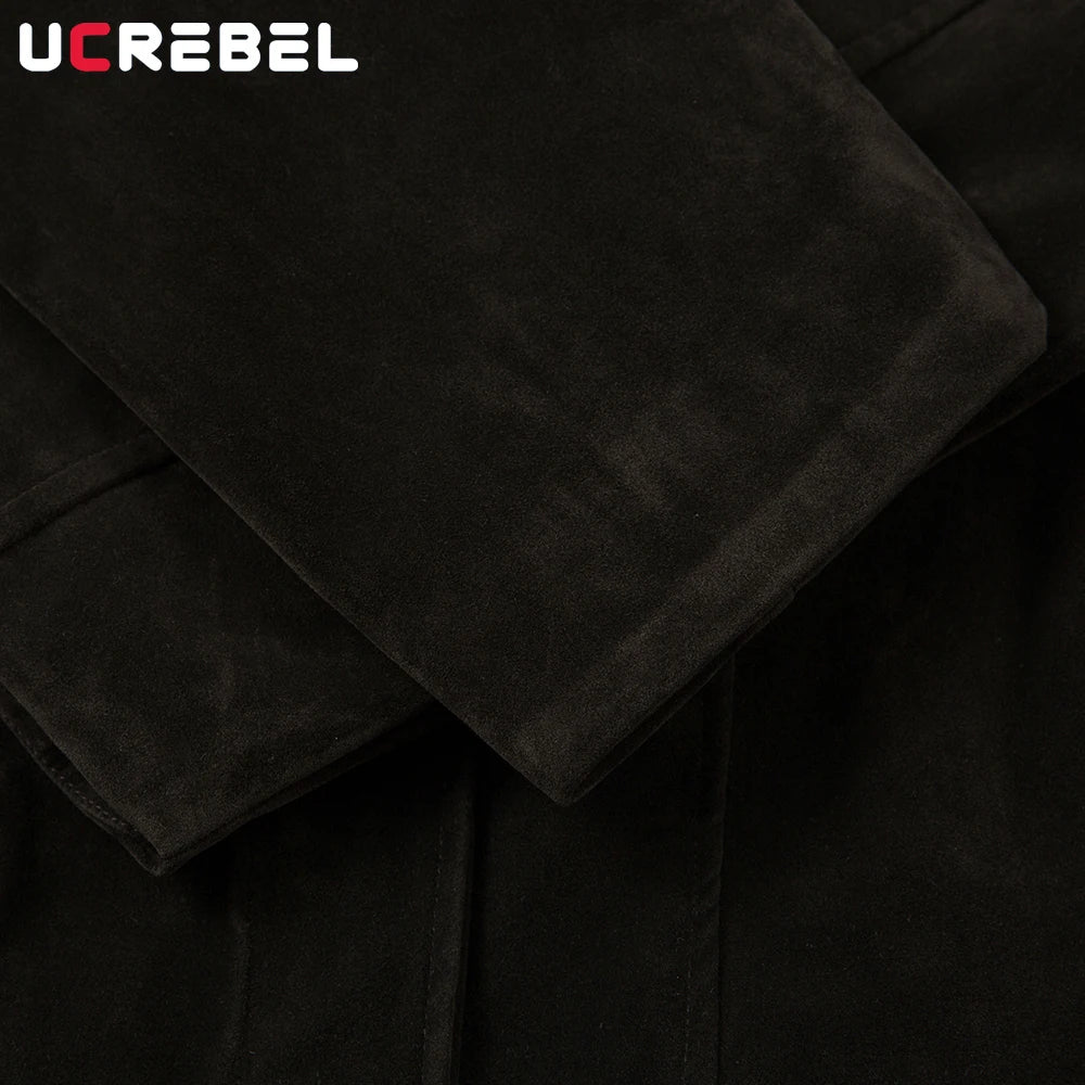 Retro Spliced Suede Jacket Mens Button Decoration Autumn Winter Retro Lapel Long Sleeve Loose Outerwear Man